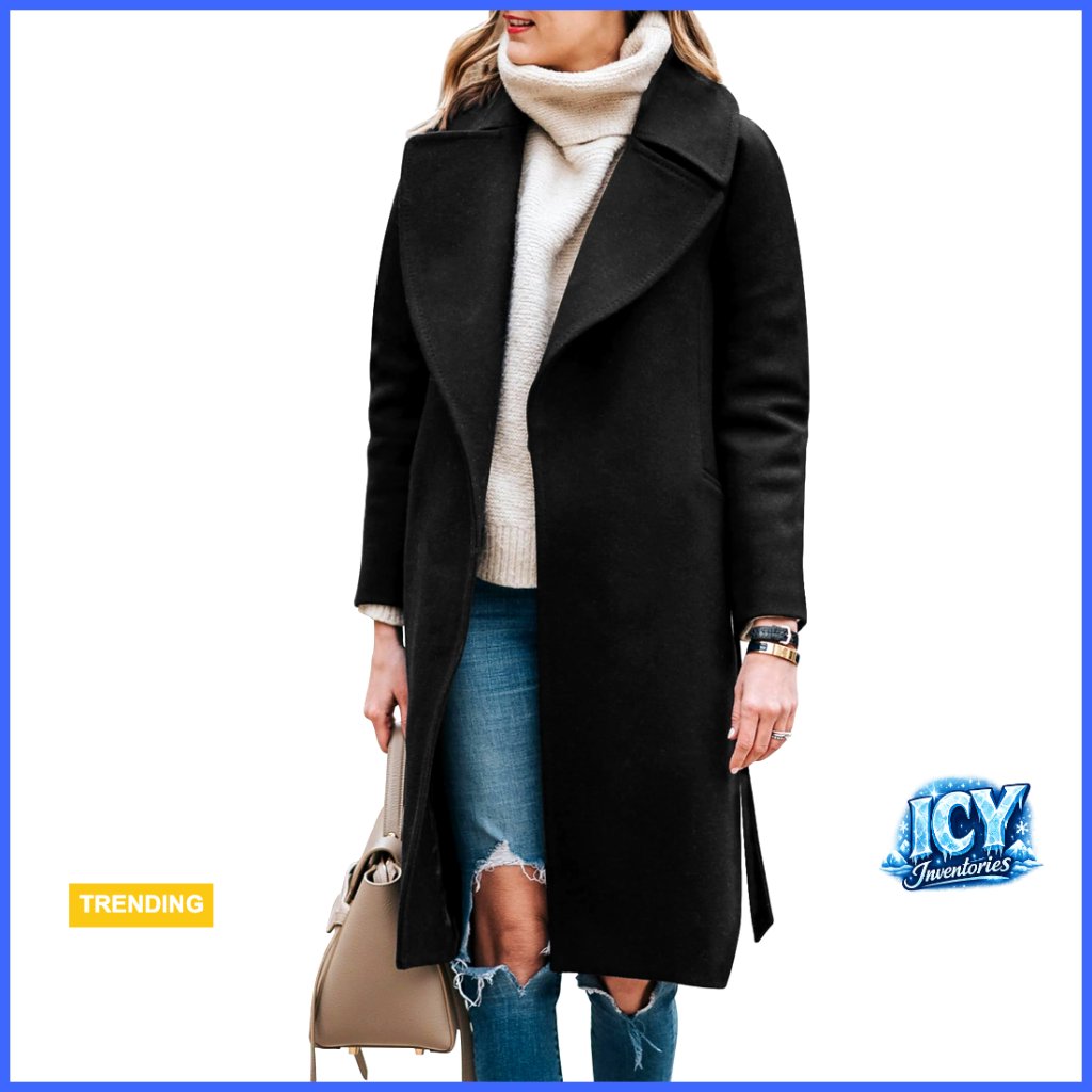 Long Wool Blend Pea Coat With Belt, Notched Lapel, Winter Overcoat